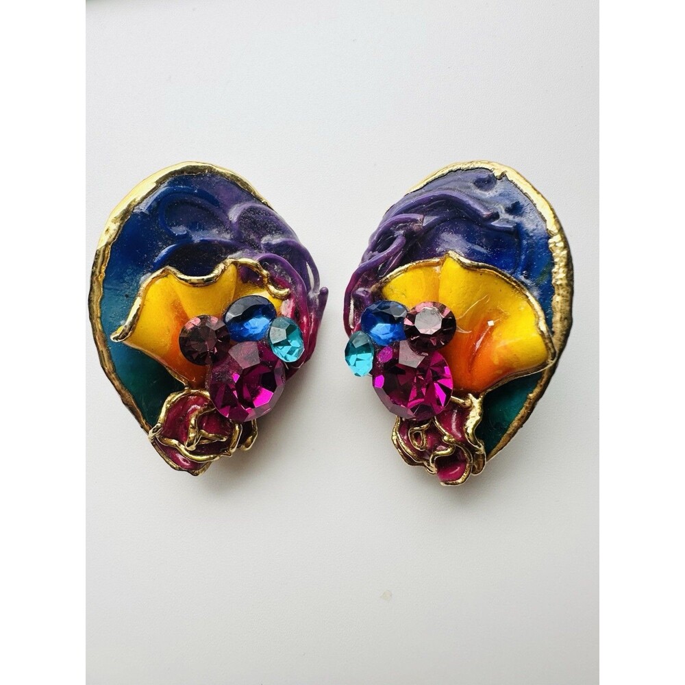 Amy Lacombe Abstract Pierced Earrings Designer Rhinestone Multicolor 1988 Signed